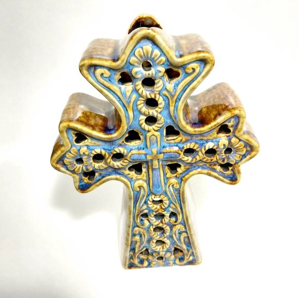 Vintage Ceramic Blue‎ Religious Cross Tea Light Candle holder #1299 - Picture 2 of 8